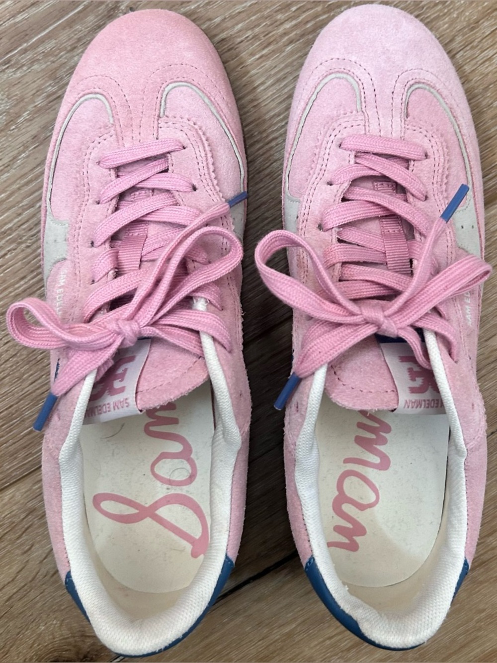 Women’s Sam Edelman Pink Suede Lace-Up Sneakers with Blue Heel Accent